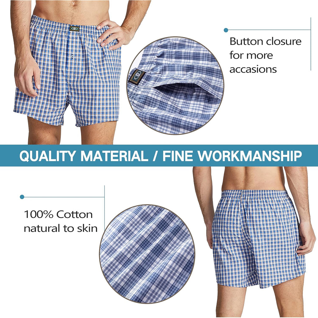 Mens Woven Boxer Shorts 100% Cotton With Covered Waistband Comfortable Loose Fit, Classic Full Cut Plaid Boxers Pack