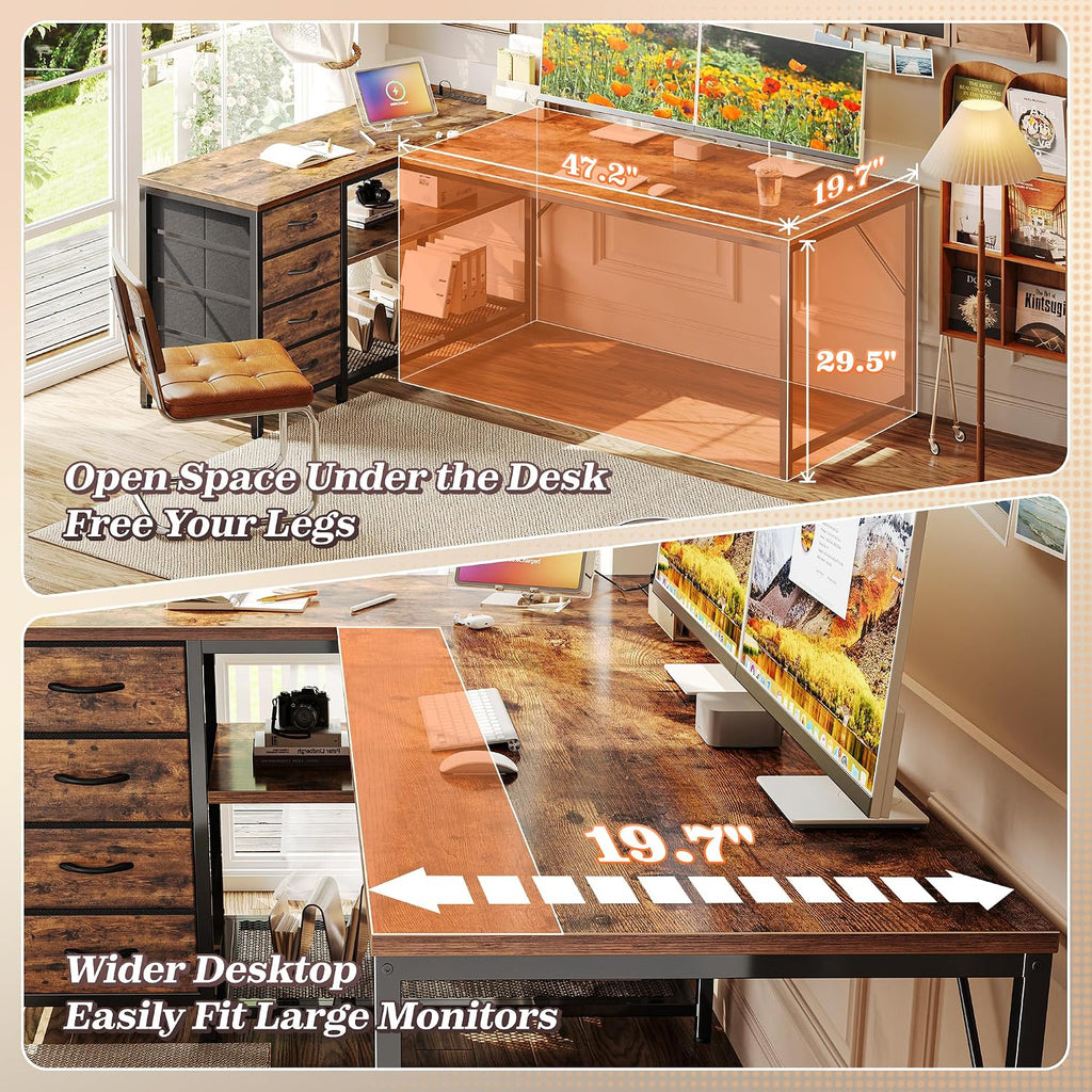 61" L Shaped Desk With Power Outlets & Usb-C Port, Reversible Computer Corner Office Desk With 4 Fabric Drawers And 2 Storage Shelves, Large Desk For Gaming Writing Study, Rustic Brown
