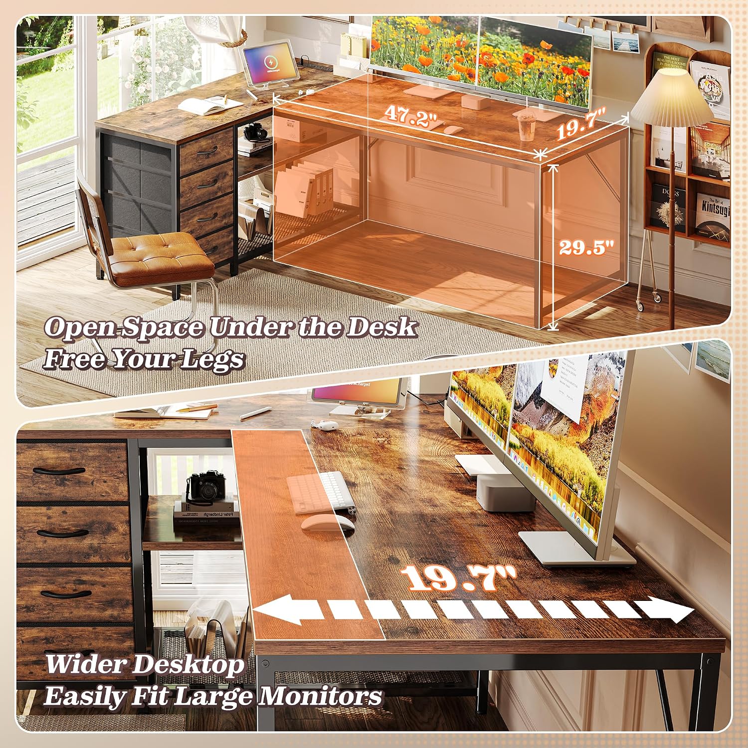 61" L Shaped Desk With Power Outlets & Usb-C Port, Reversible Computer Corner Office Desk With 4 Fabric Drawers And 2 Storage Shelves, Large Desk For Gaming Writing Study, Rustic Brown
