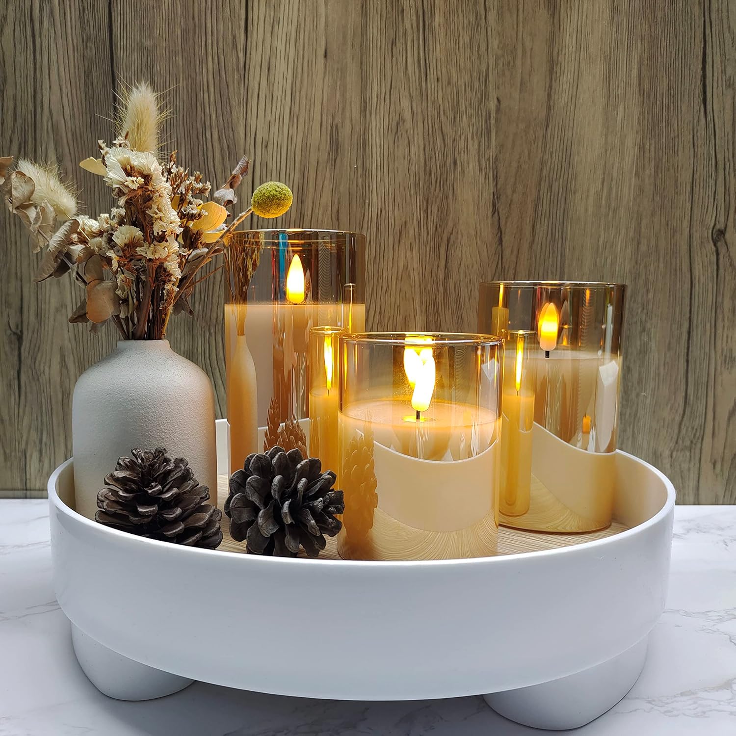 Glass Battery Operated Led Flameless Candles With Remote And Timer, Real Wax Candles Warm Color Flickering Light For Festival Wedding Home Party Decor(Pack Of 3)-Gold