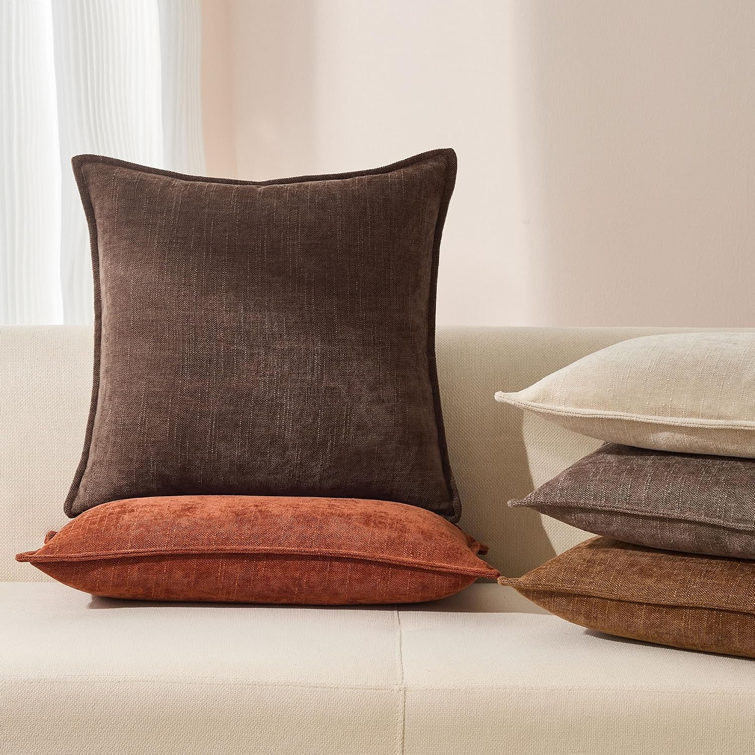 20X20 Set Of 2 Decorative Throw Pillow Covers Soft Cozy Cocoa Brown Chenille Pillow Covers Neutral Textured Solid Cushion Covers For Modern Farmhouse Sofa Bedroom Living Room Decor Sy014-B20