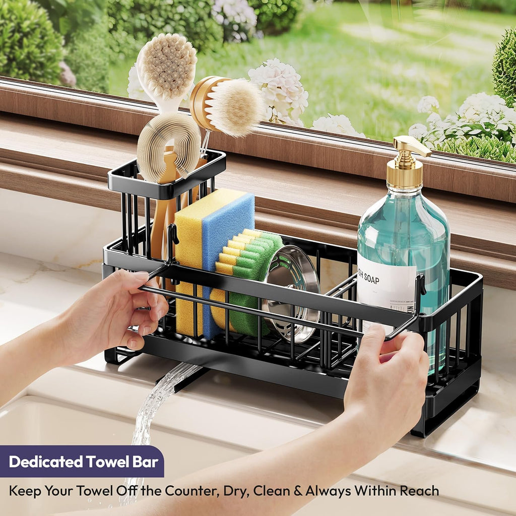 Sponge Holder For Kitchen Sink - Sink Caddy With Brush Holder Self-Draining Sponge Caddy Organizer With Divider Stainless Steel Kitchen Accessories Storage For Countertop, Black