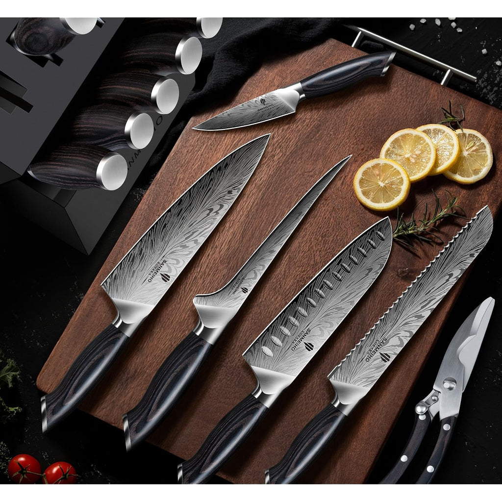 16 Pieces Knife Set, Knife Block Set In Powder Steel, Ultra Sharp Kitchen Knives Set, High Hardness Japanese Knife Set With Ergonomic Pakkawood Handle, Chef Knives Set For Kitchen Cooking