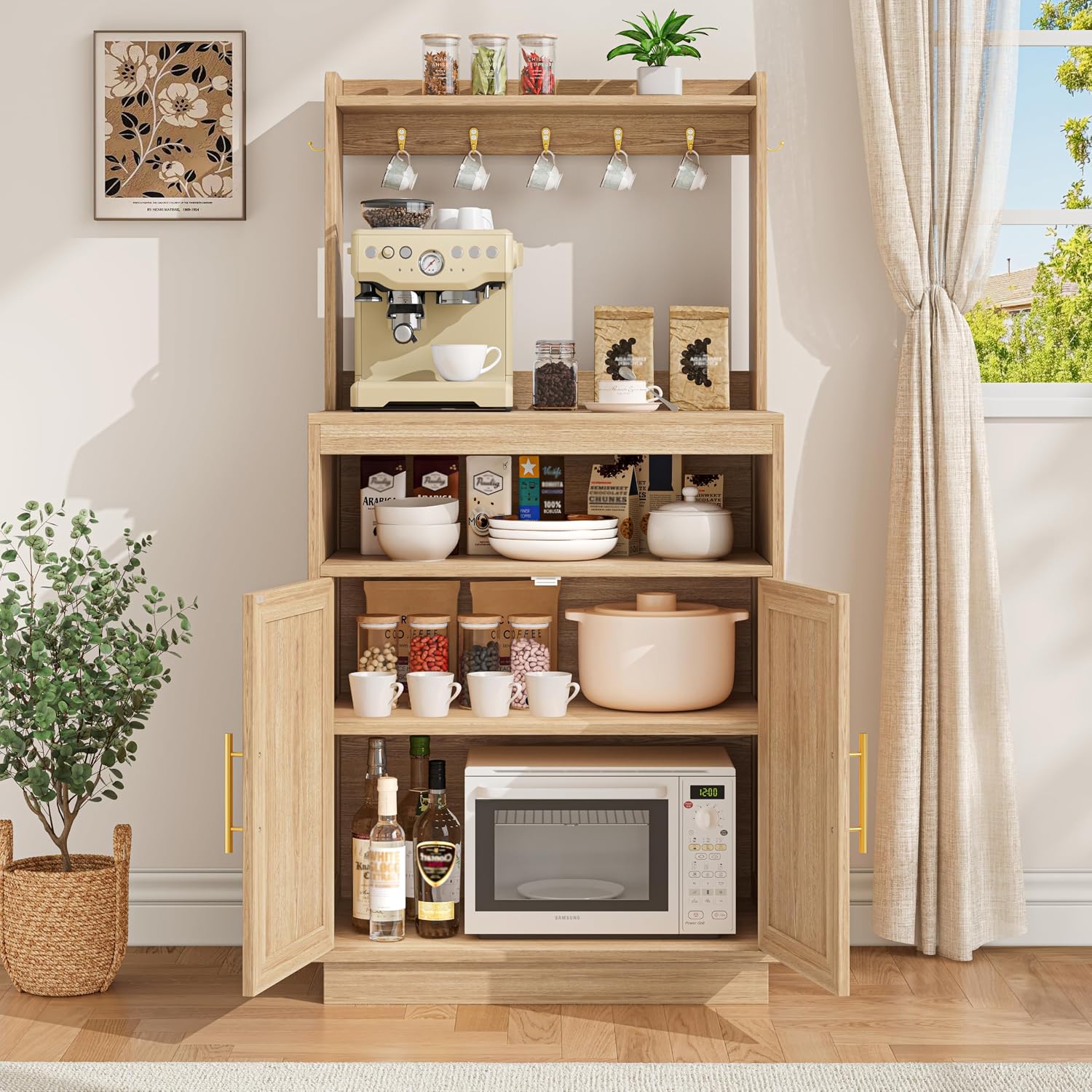 Fluted Coffee Bar Cabinet With Storage, Coffee Station With Adjustable Shelf And Hutch, 23.6" Sideboard Buffet Cabinet With 7 Hooks For Kitchen Living Room, Natural Oak