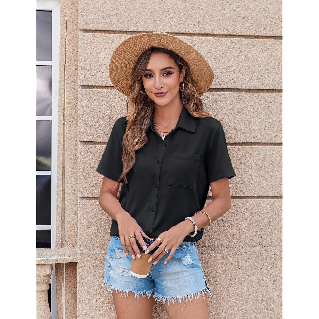 Zeagoo Womens Button Down Shirt Bust Pocket Short Sleeve Blouses Business Casual Work Tops Summer Outfits