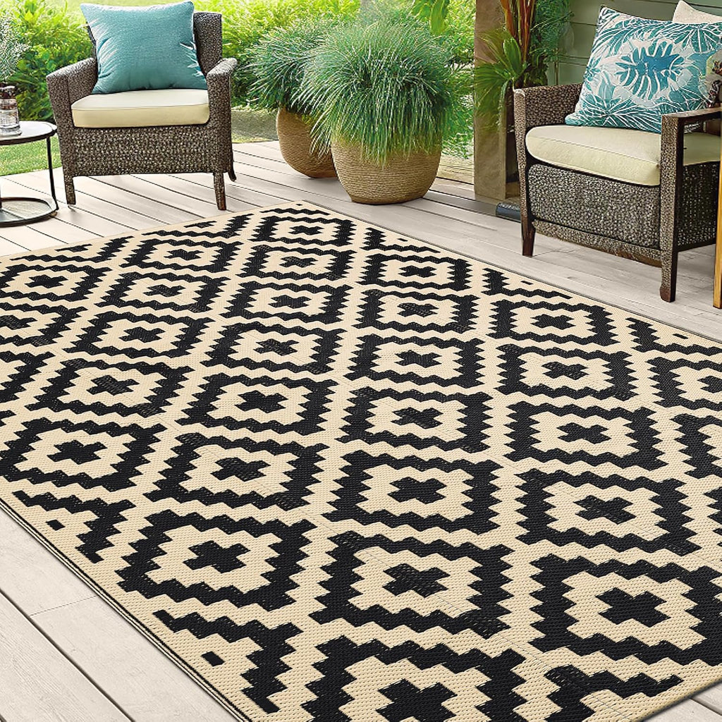 Smiry Waterproof Outdoor Rug 5X8 Ft, Reversible Plastic Straw Patio Camping Rugs, Outdoor Indoor Rv Mat Carpet For Patio, Outside Entry, Backyard, Deck, Bench, Picnic, Camper, Black & Beige