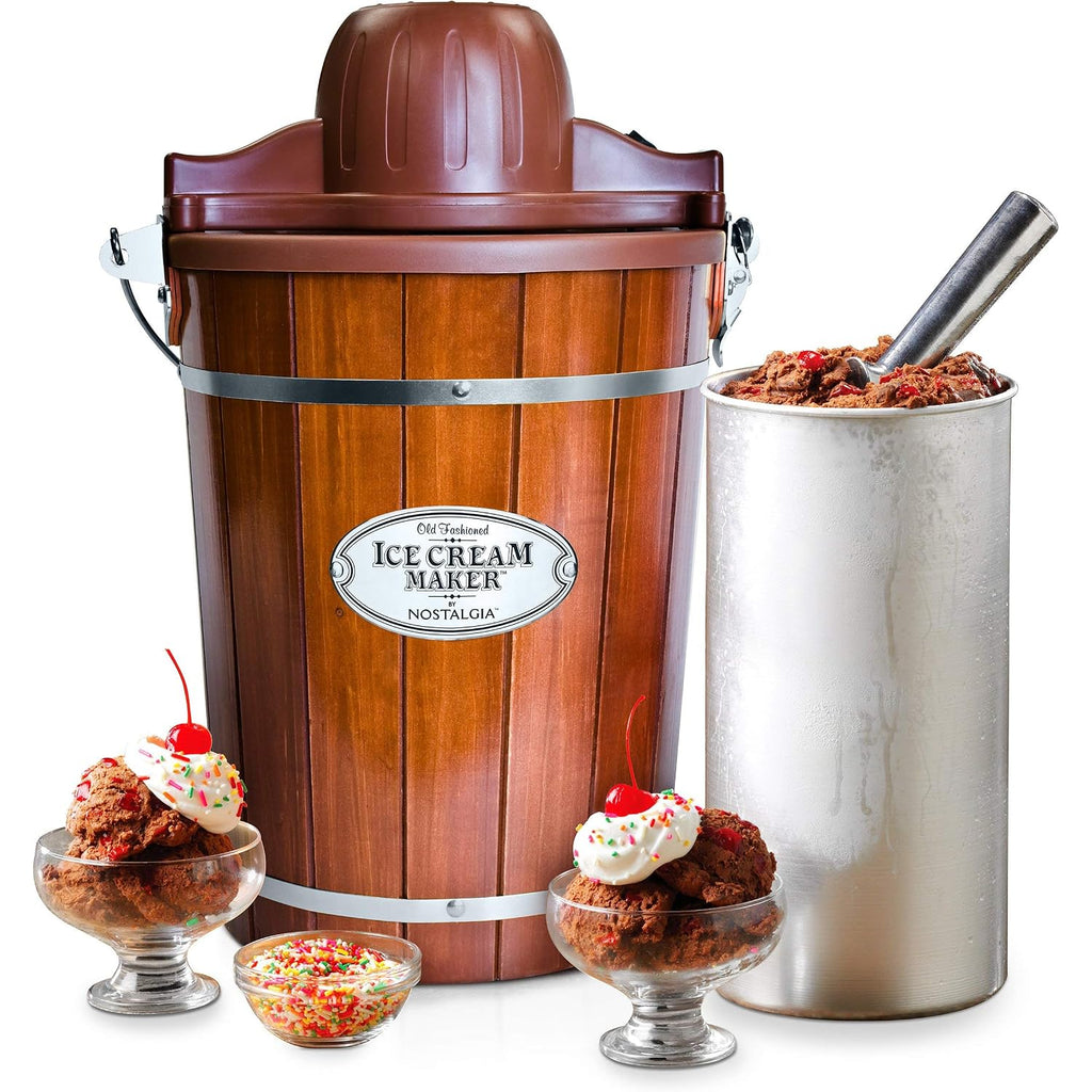 Nostalgia Electric Ice Cream Maker With 6 Qt Capacity - Old Fashioned Ice Cream Machine Makes Frozen Yogurt Or Gelato In Minutes- Vintage Wooden Style Ice Cream Maker With Aluminum Canister- Dark Wood