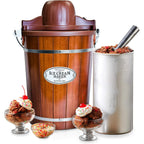 Nostalgia Electric Ice Cream Maker With 6 Qt Capacity - Old Fashioned Ice Cream Machine Makes Frozen Yogurt Or Gelato In Minutes- Vintage Wooden Style Ice Cream Maker With Aluminum Canister- Dark Wood