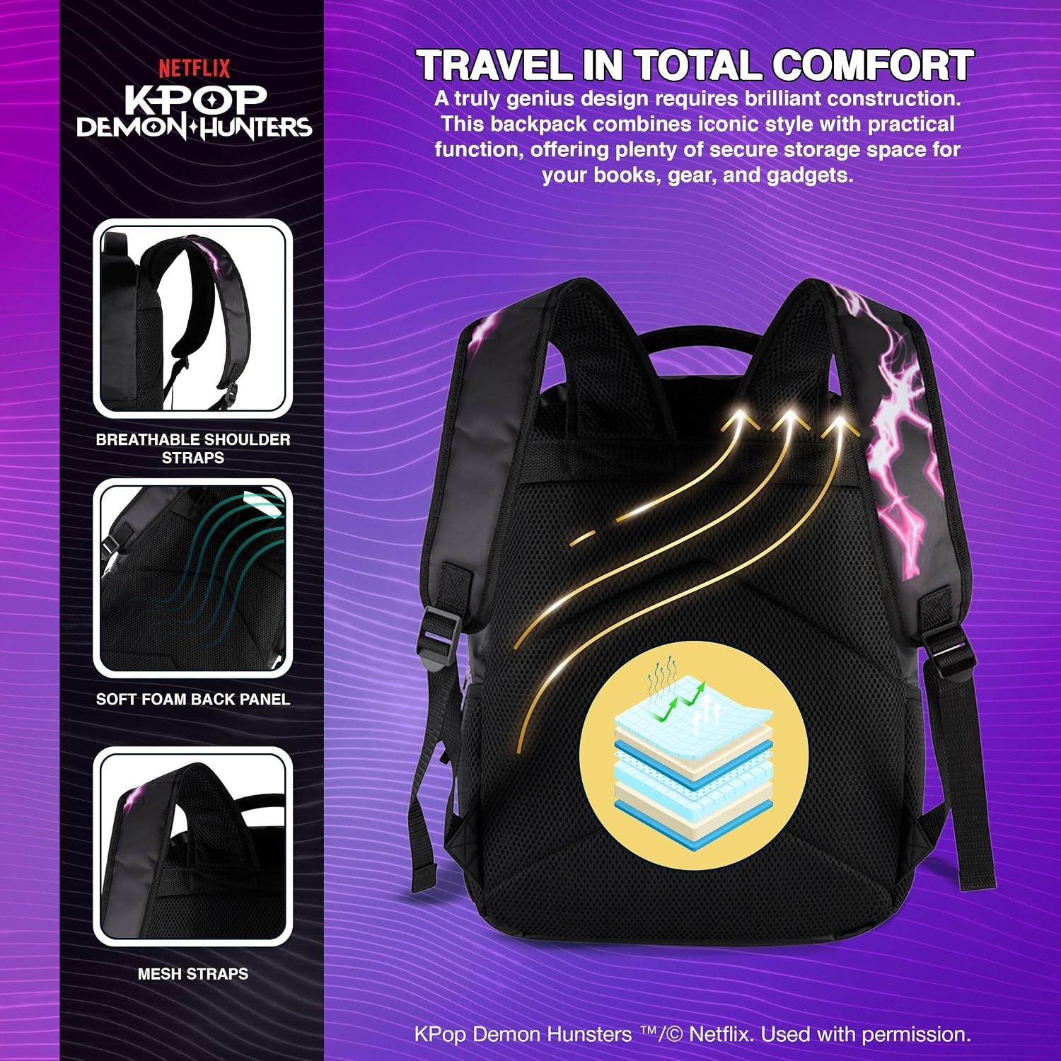 Ai Accessory Innovations K-Pop Demon Hunters Huntrix 16” Backpack For Girls, Featuring Rumi, Zoey, Mira, Rubber Molded Bag Charm, Huntrix