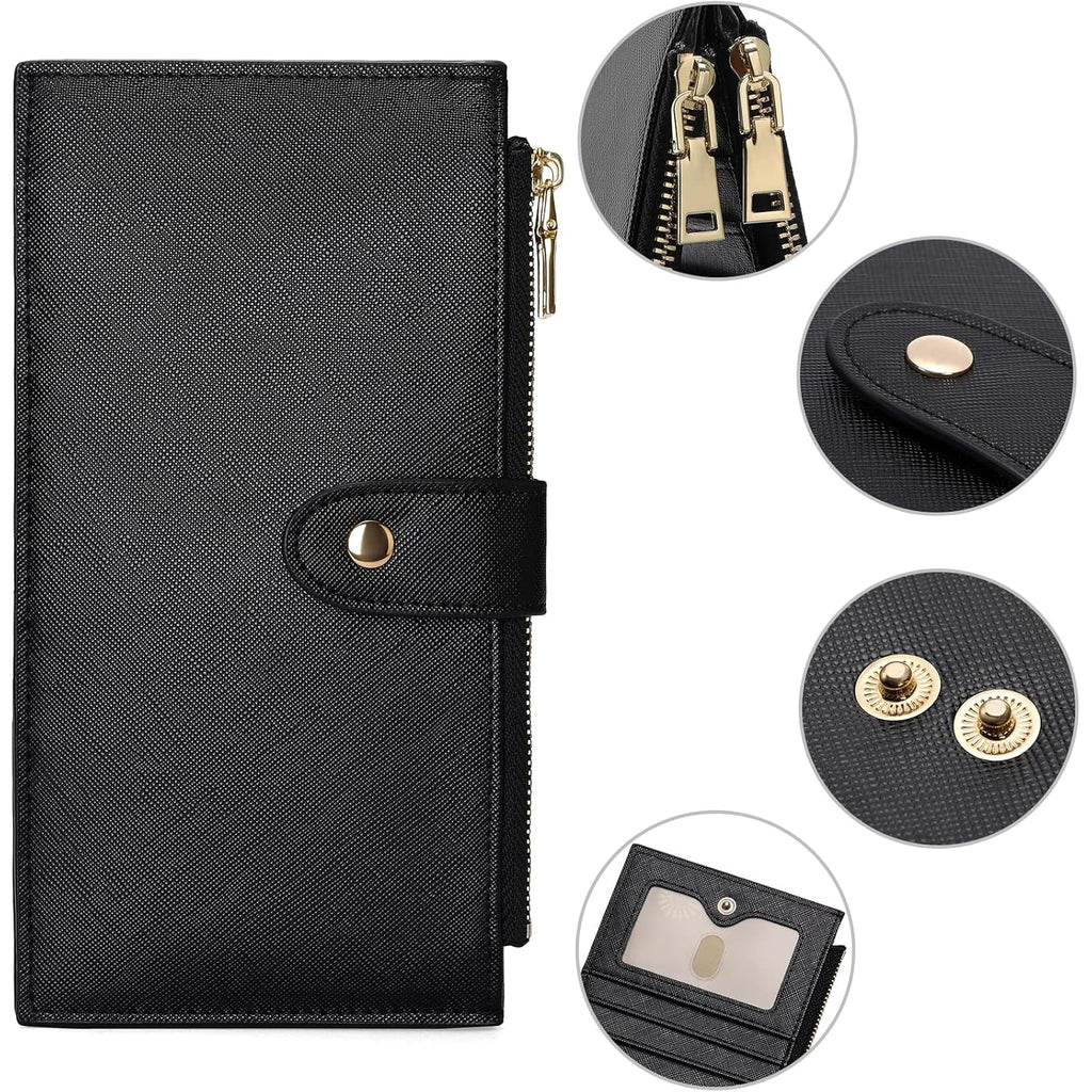GOIACII Slim Wallets for Women RFID Blocking Card Holder 2 Zipper Pockets Thin Ladies Clutch Purse Black