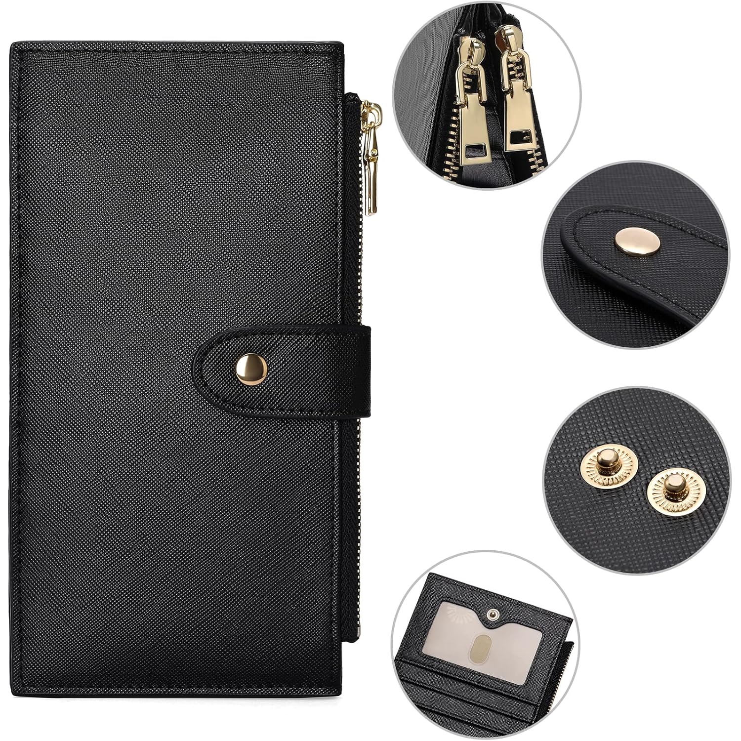 GOIACII Slim Wallets for Women RFID Blocking Card Holder 2 Zipper Pockets Thin Ladies Clutch Purse Black