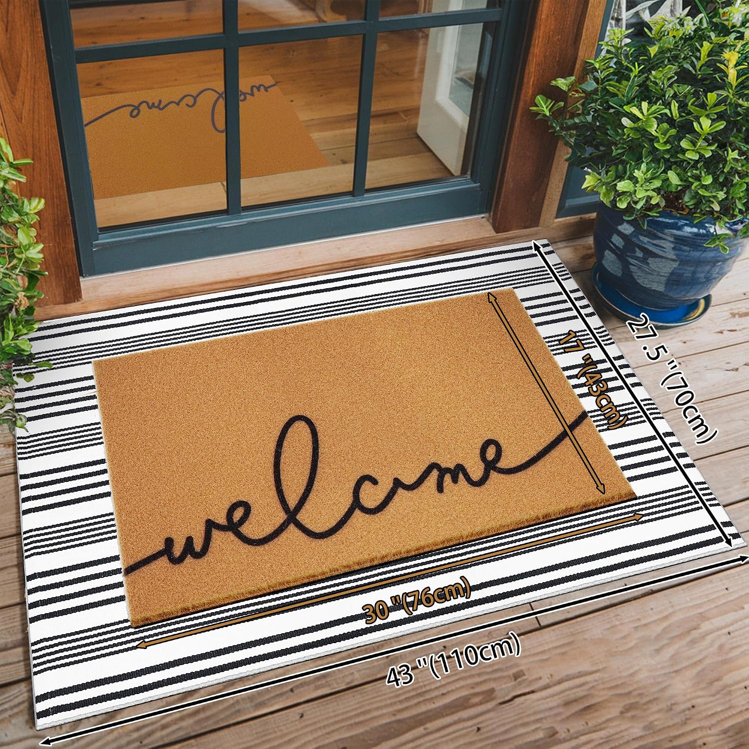 2 Pcs Summer Door Mat, Coco Coir Welcome Doormat With Black And White Striped Mats, Extra Thick & Non-Slip Backing For Farmhouse Front Porch Entryway, Seasonal Layered Porch Décor Floor Mat (Welcome)