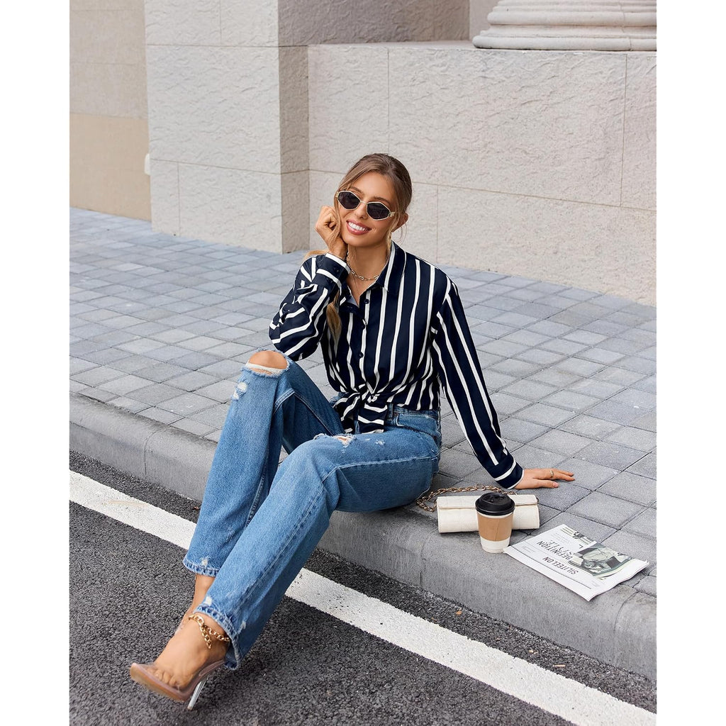 Siliteelon Button Down Shirts For Women Striped Long Sleeve Oversized Boyfriend Blouses Collared Work Drop Shoulder Tops