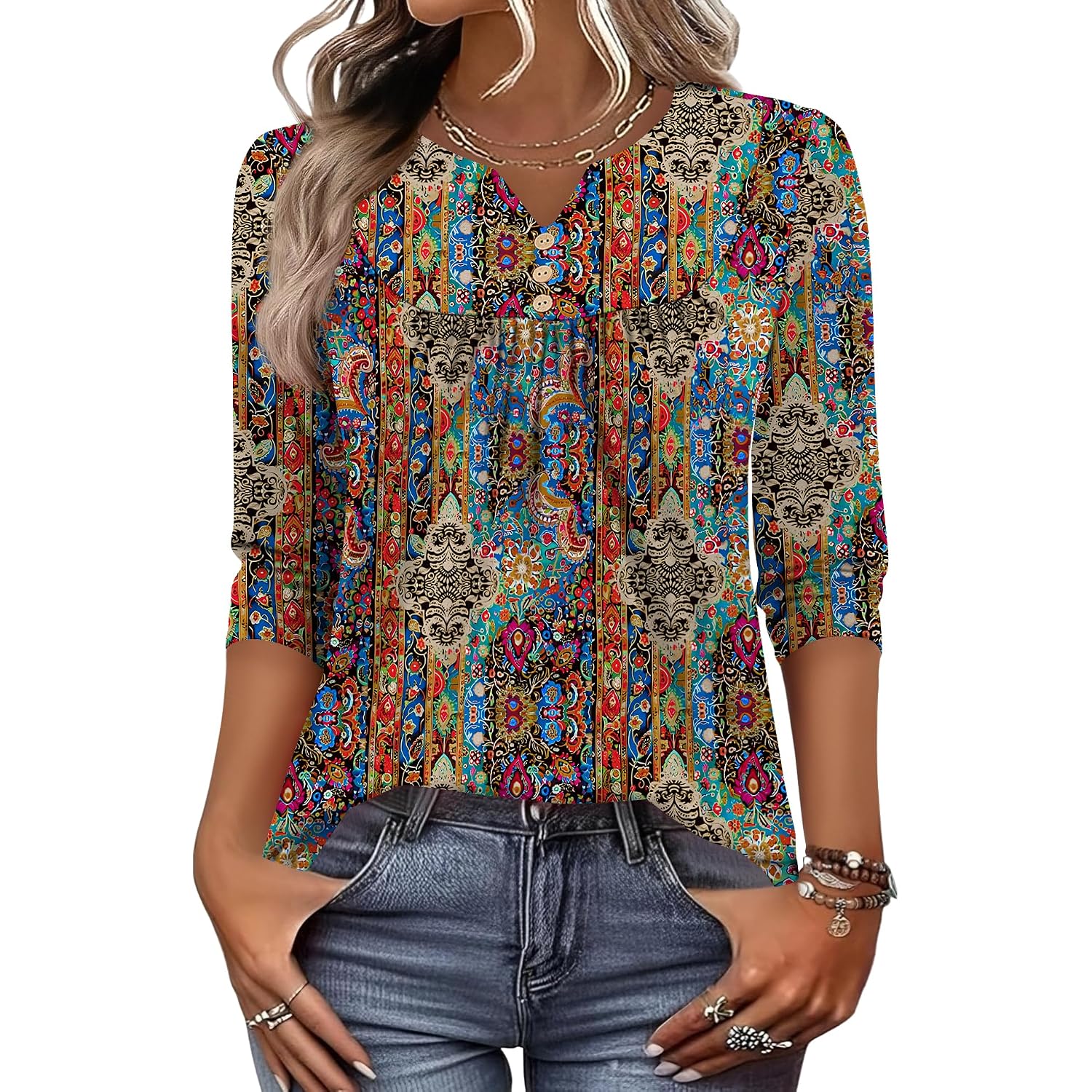 LOMON 3/4 Length Sleeve Womens Tops Dressy Casual Henley V Neck Blouses Loose Fit Tunics 2026 Trendy Summer Outfits