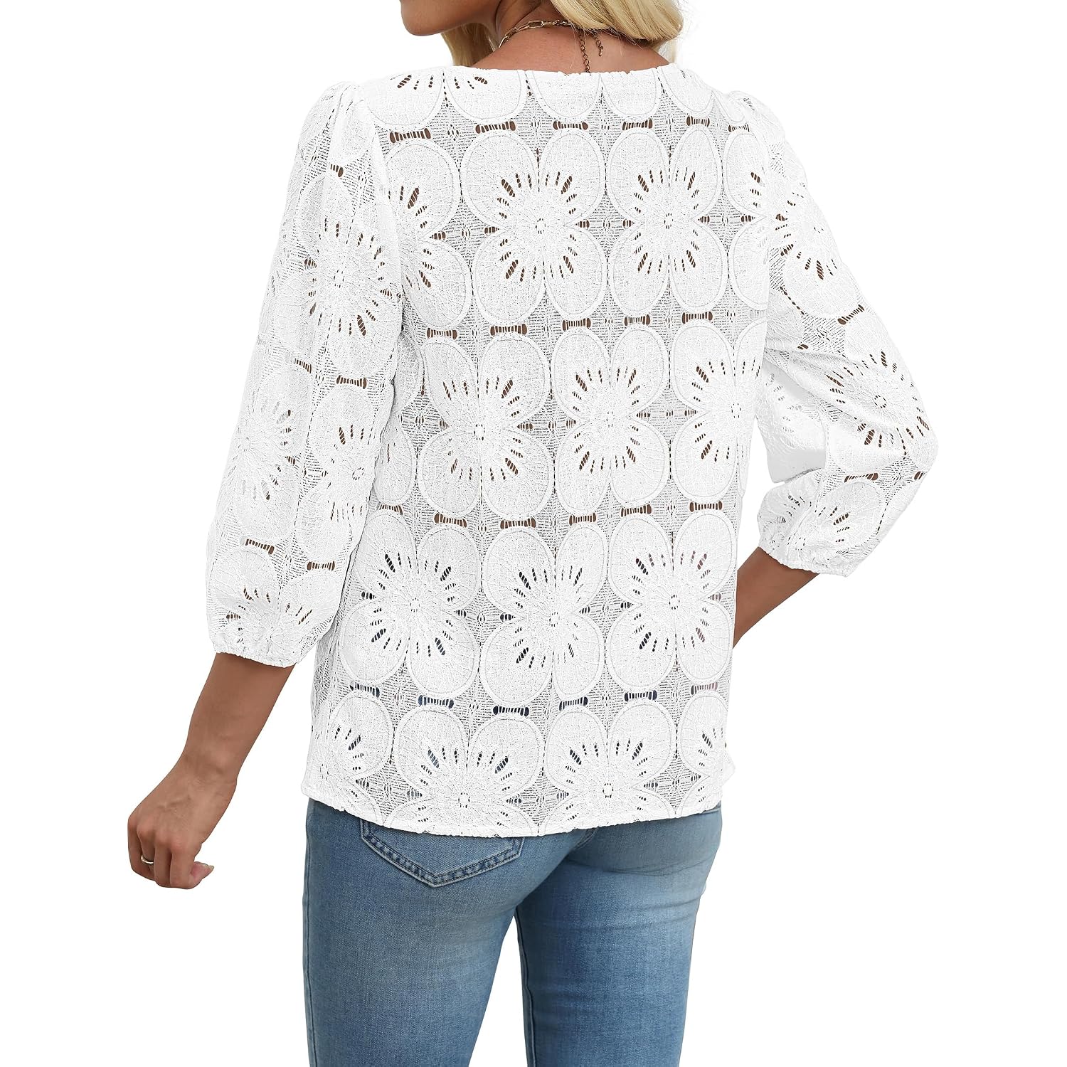 Sampeel Women Blouses Dressy Casual 3/4 Length Sleeve Tops Eyelet Lace Spring Summer Shirts Beach Vacation Clothes