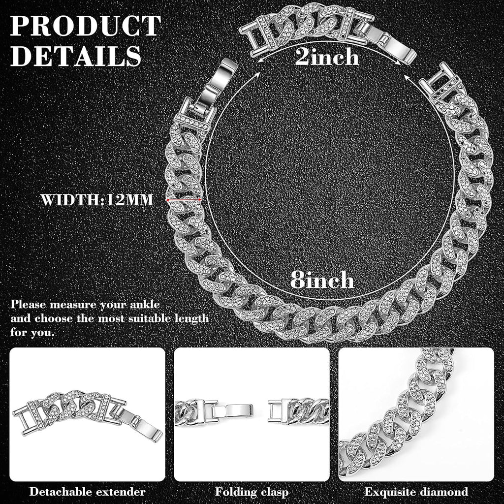 Batiyeer Women's Ankle Bracelets Cuban Link Chain Anklets Adjustable Chunky Anklets with Detachable Extender Rhinestone Bling Jewelry Gifts