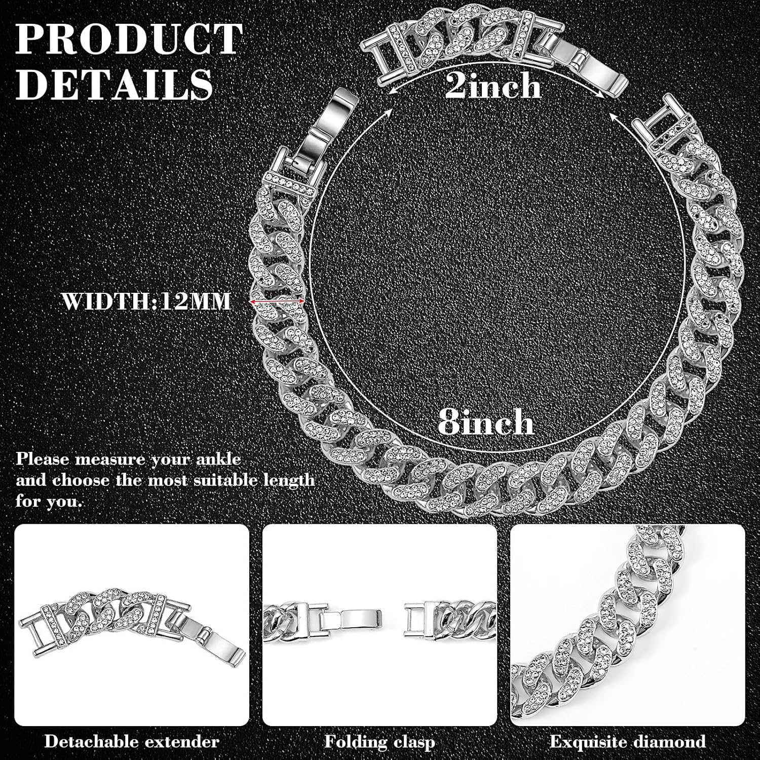 Batiyeer Women's Ankle Bracelets Cuban Link Chain Anklets Adjustable Chunky Anklets with Detachable Extender Rhinestone Bling Jewelry Gifts