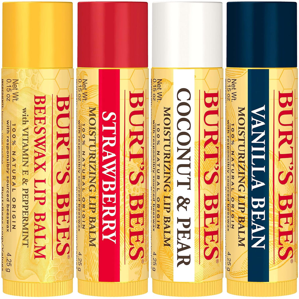 Burt'S Bees Lip Balm, Beeswax, Strawberry, Coconut And Pear, And Vanilla Bean Pack, With Responsibly Sourced Beeswax, Tint-Free, Natural Lip Treatment, 0.15 Oz., Four Tubes