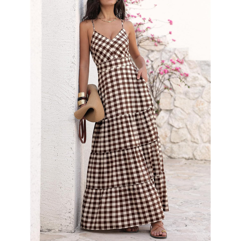 Caracilia Women'S Gingham Striped Smocked Maxi Dress | Spaghetti Strap,Pockets,V Neck A-Line ,Checkered Plaid, Boho Casual,Beach Vacation Resort Cruise Outfits,Summer Fall Clothes