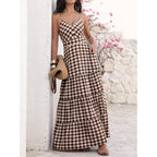 Caracilia Women'S Gingham Striped Smocked Maxi Dress | Spaghetti Strap,Pockets,V Neck A-Line ,Checkered Plaid, Boho Casual,Beach Vacation Resort Cruise Outfits,Summer Fall Clothes