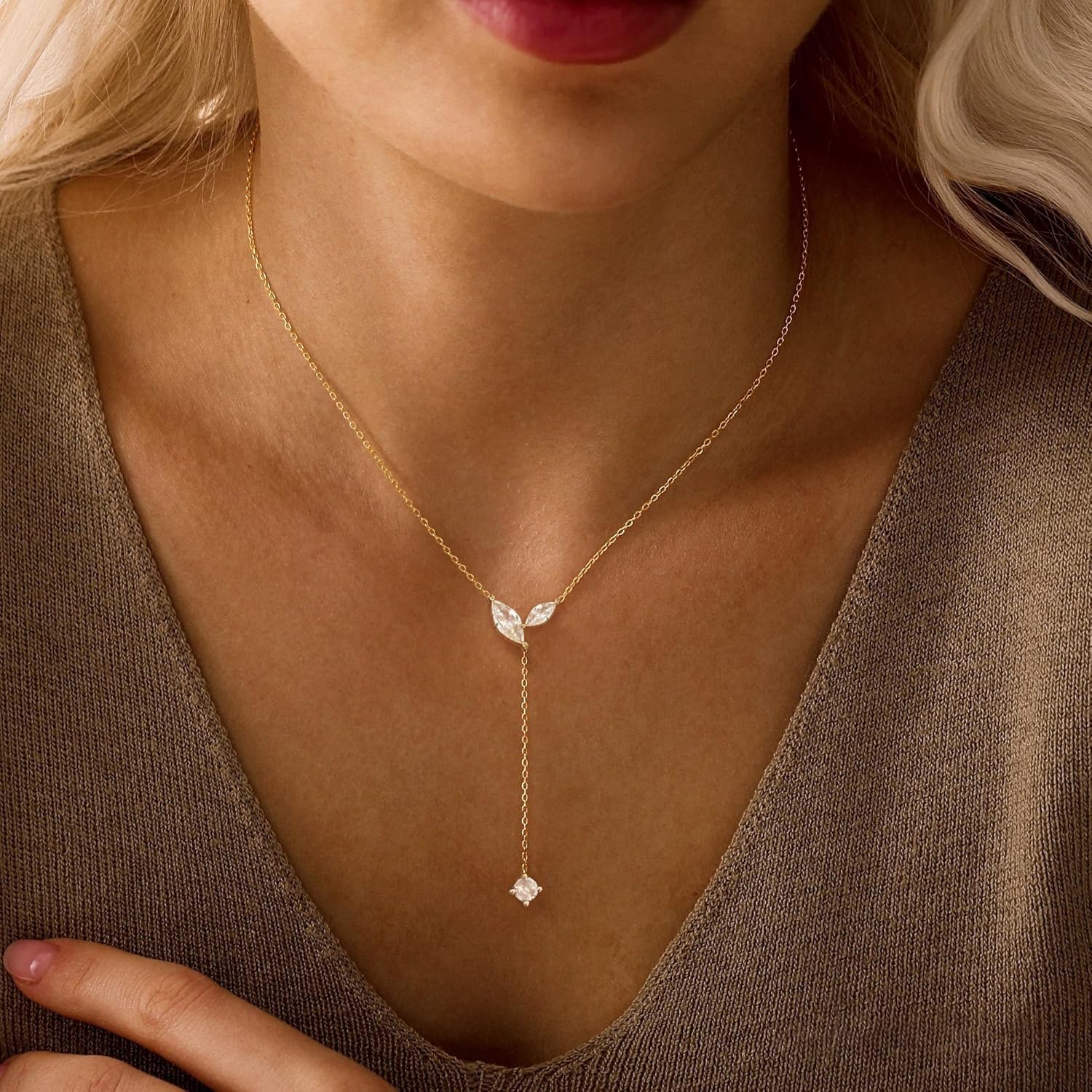 Gold Necklace for Women - Dainty Long Lariat Necklace 14K Gold Plated Clover Star Teardrop CZ Y Shaped Drop Necklaces Cute Long Necklaces for Women Trendy Prom Formal Womens Jewelry