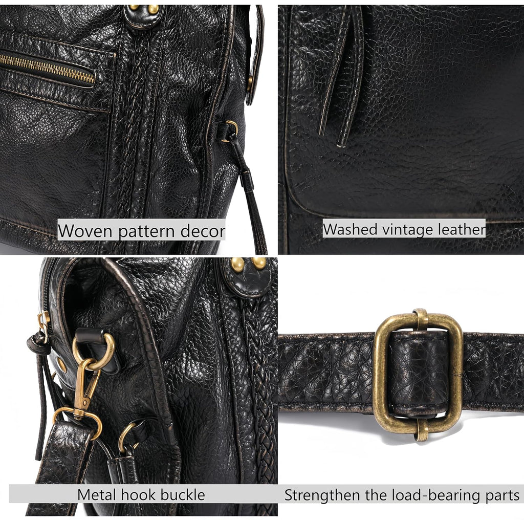 Rivet Crossbody City Bag For Women,Large Retro Washed Leather Handbag Purse,Vintage Y2K Grunge Slouchy Shoulder Bags