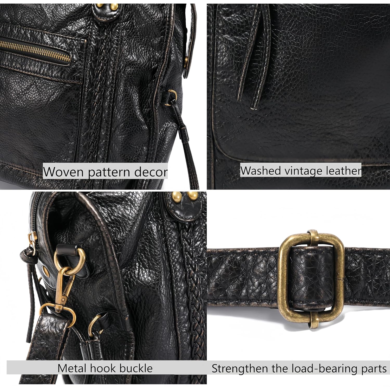 Rivet Crossbody City Bag For Women,Large Retro Washed Leather Handbag Purse,Vintage Y2K Grunge Slouchy Shoulder Bags