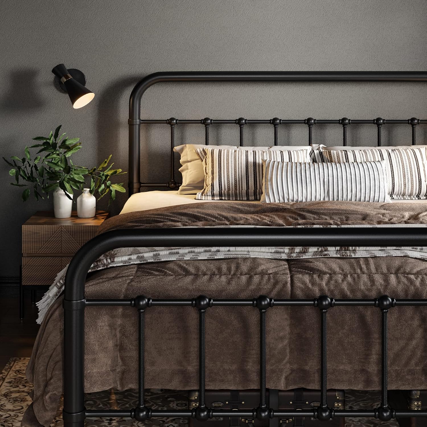 Allewie Queen Size Metal Platform Bed Frame With Victorian Style Wrought Iron-Art Headboard/Footboard, No Box Spring Required, Black