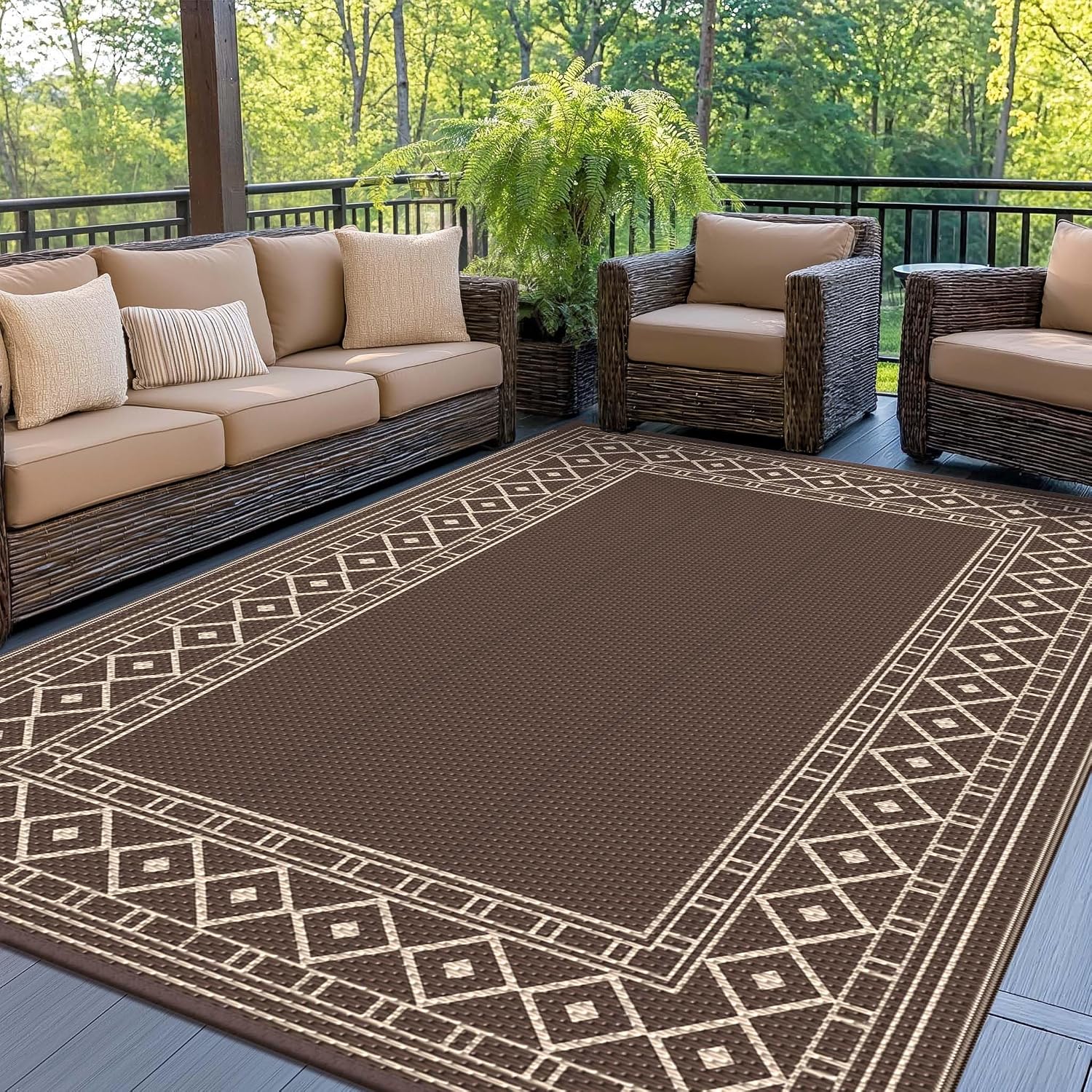 Genimo Outdoor Rug, Waterproof Plastic Rugs For Patio, 5'X8' Coffee Beige | Outside Larger Modern Carpet Mat For Porch Decor, Deck, Balcony, Camping, Rv, Backyard, Picnic, Beach, Reversible, Foldable