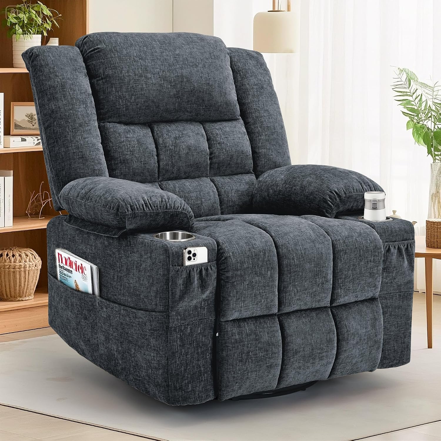 Korser 360° Swivel Rocker Recliner For Adults, Nursery Glider Recliner With Massage And Heating, Rocking Chair With Cup Holder, Manual Recliner Chair For Living Room, Bedroom (Fabric, Dark Gray)