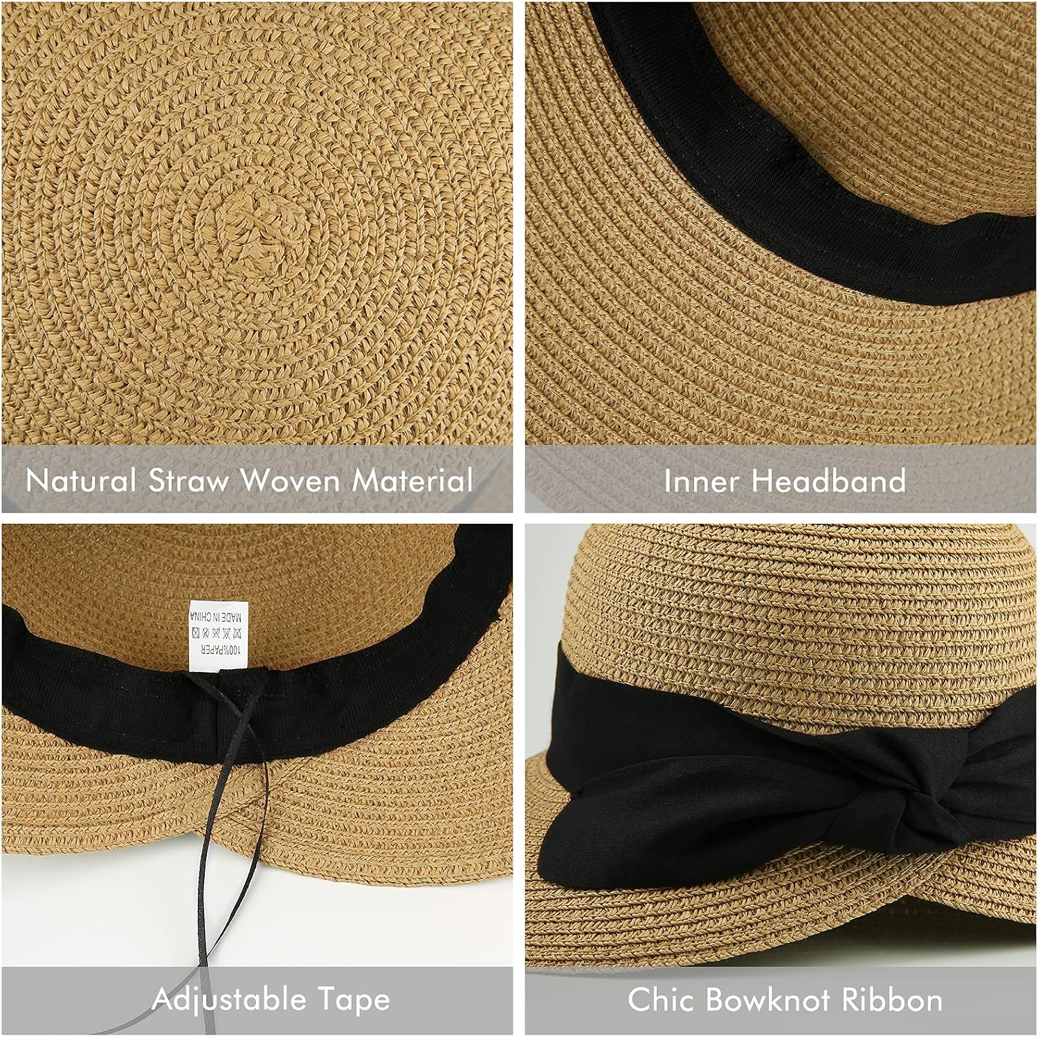 Womens Straw Sun Hat Wide Brim Foldable Panama Roll up Cap Fedora Beach Sun Hat UPF50+ Coffee