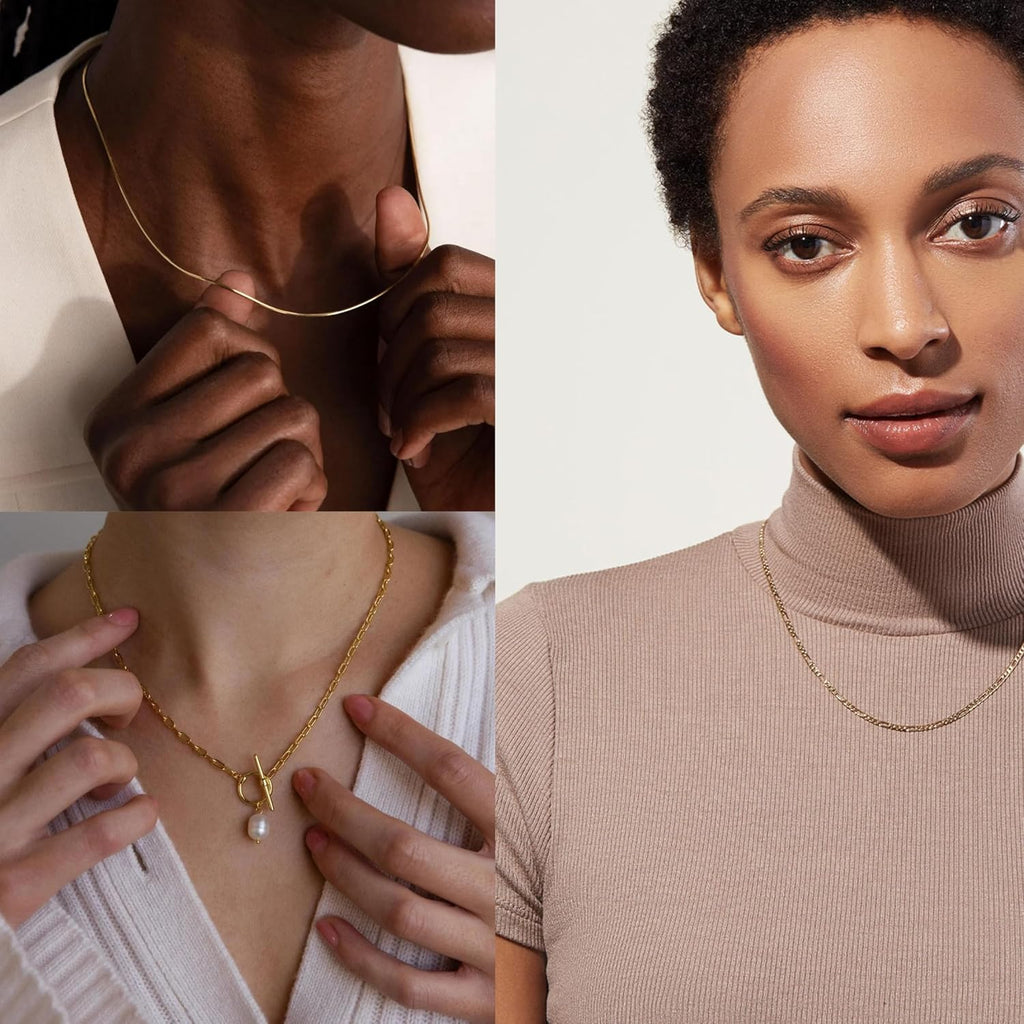 Layered Gold Necklaces for Women, Dainty 14K Gold Plated Cute Pearl Pendant Necklace Jewelry Set Stackable Toggle Chain Choker Collar, Trendy Waterproof Non Tarnish Jewelry Gift