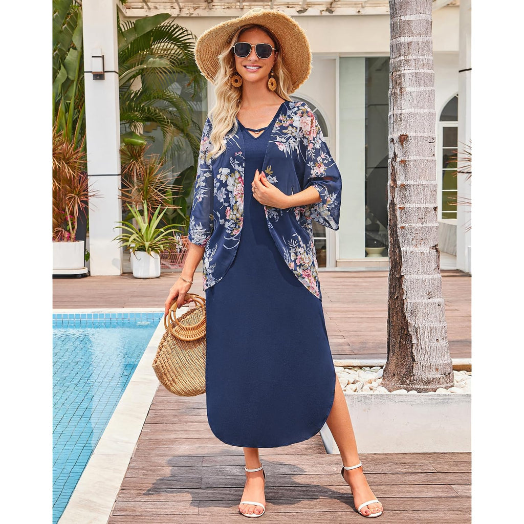 Women'S Summer Maxi Dress 2 Piece Outfit Sleeveless Loose Split Dresses With Cover Up Casual Formal