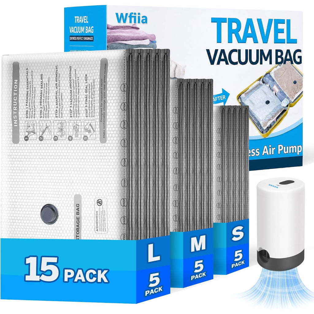 15 Packs Vacuum Bags For Travel With Rechargeable Pump, 3 Sizes Vacuum Seal Bags For Clothing, Compression Vacuum Travel Bags For Luggage, Vacuum Packing Bags For Closet Organization