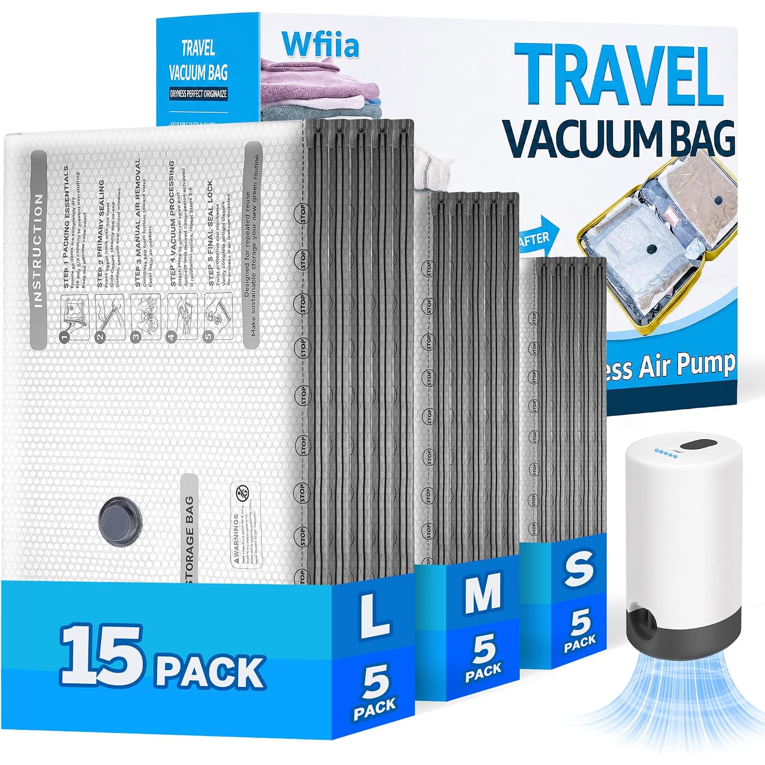 15 Packs Vacuum Bags For Travel With Rechargeable Pump, 3 Sizes Vacuum Seal Bags For Clothing, Compression Vacuum Travel Bags For Luggage, Vacuum Packing Bags For Closet Organization