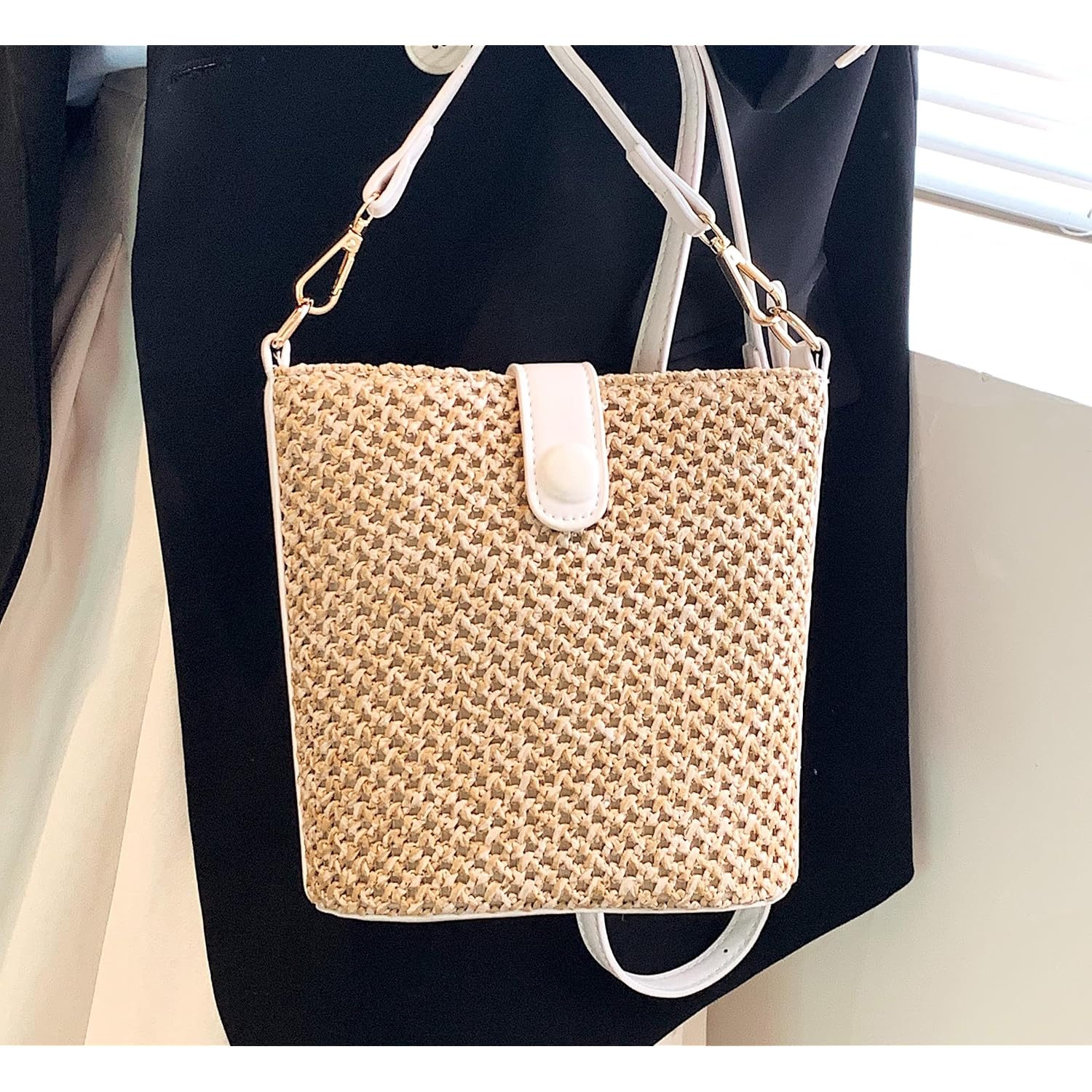 Women Straw Crossbody Bag Beach Handmade Rattan Shoulder Bags Hand Woven Leather Straps Straw Clutch Purse Vacation