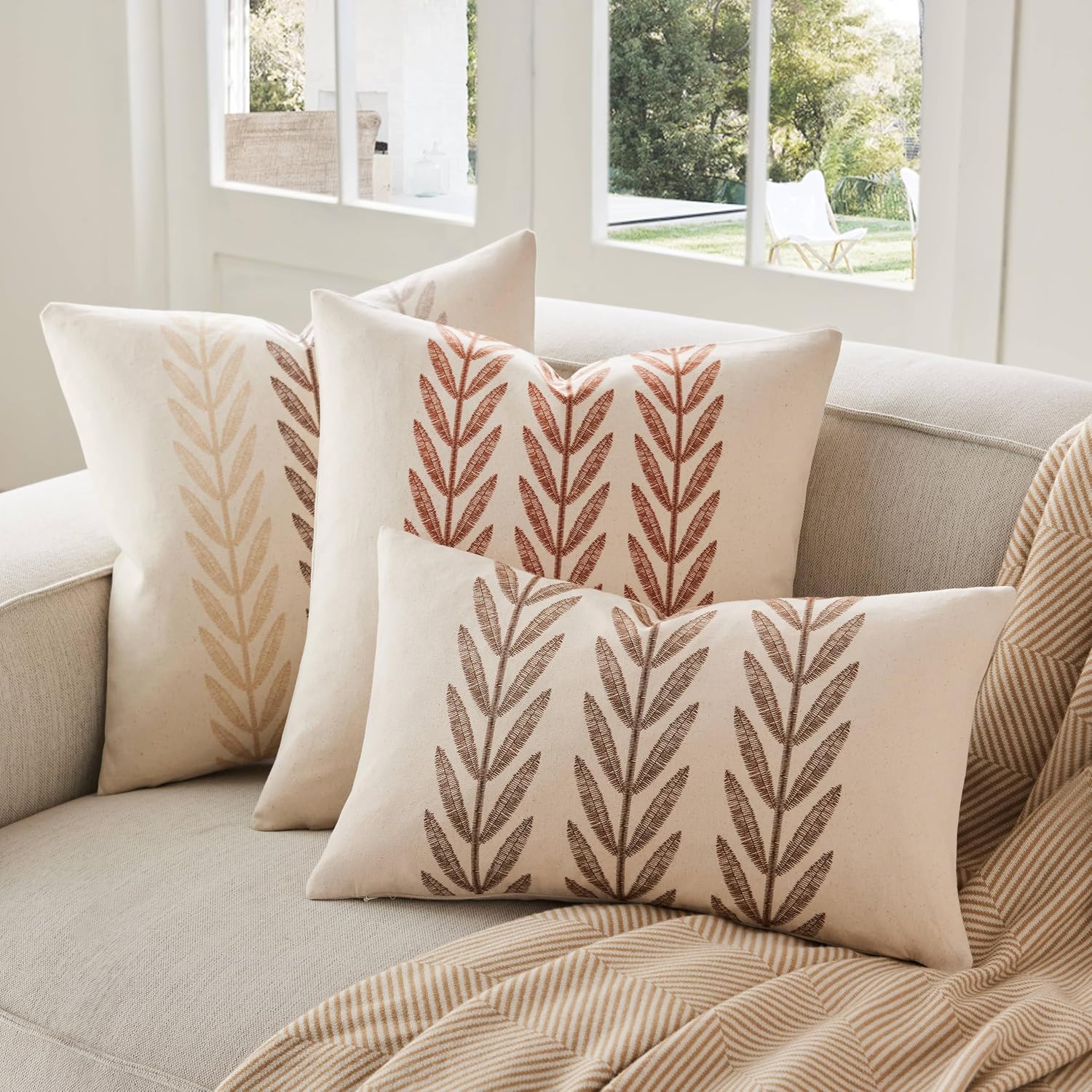 100% Cotton Farmhouse Leaves Throw Pillow Covers Set Of 2, 18X18 Inch Mixed Beige Pastoral Decorative Print Cushion Covers For Sofa Bed Living Room Home Decor