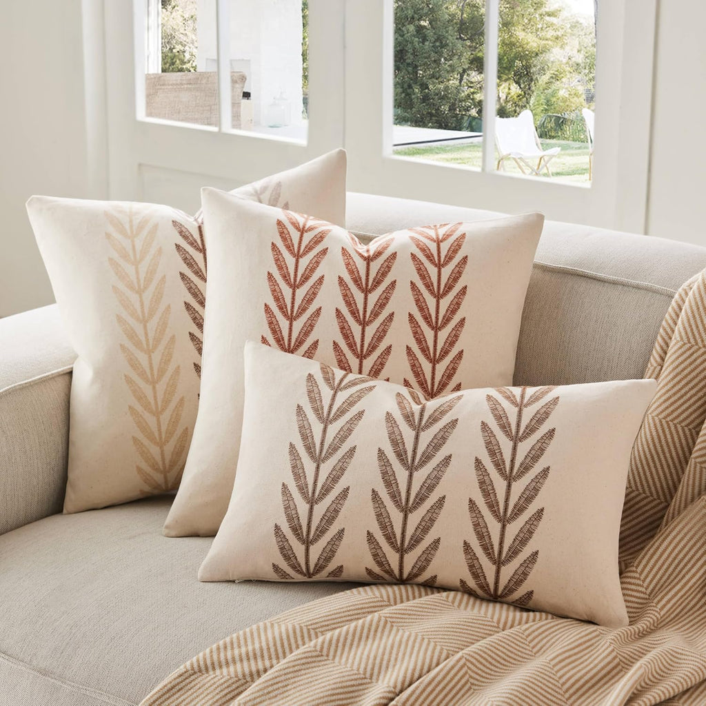 100% Cotton Farmhouse Leaves Throw Pillow Covers Set Of 2, 18X18 Inch Mixed Beige Pastoral Decorative Print Cushion Covers For Sofa Bed Living Room Home Decor