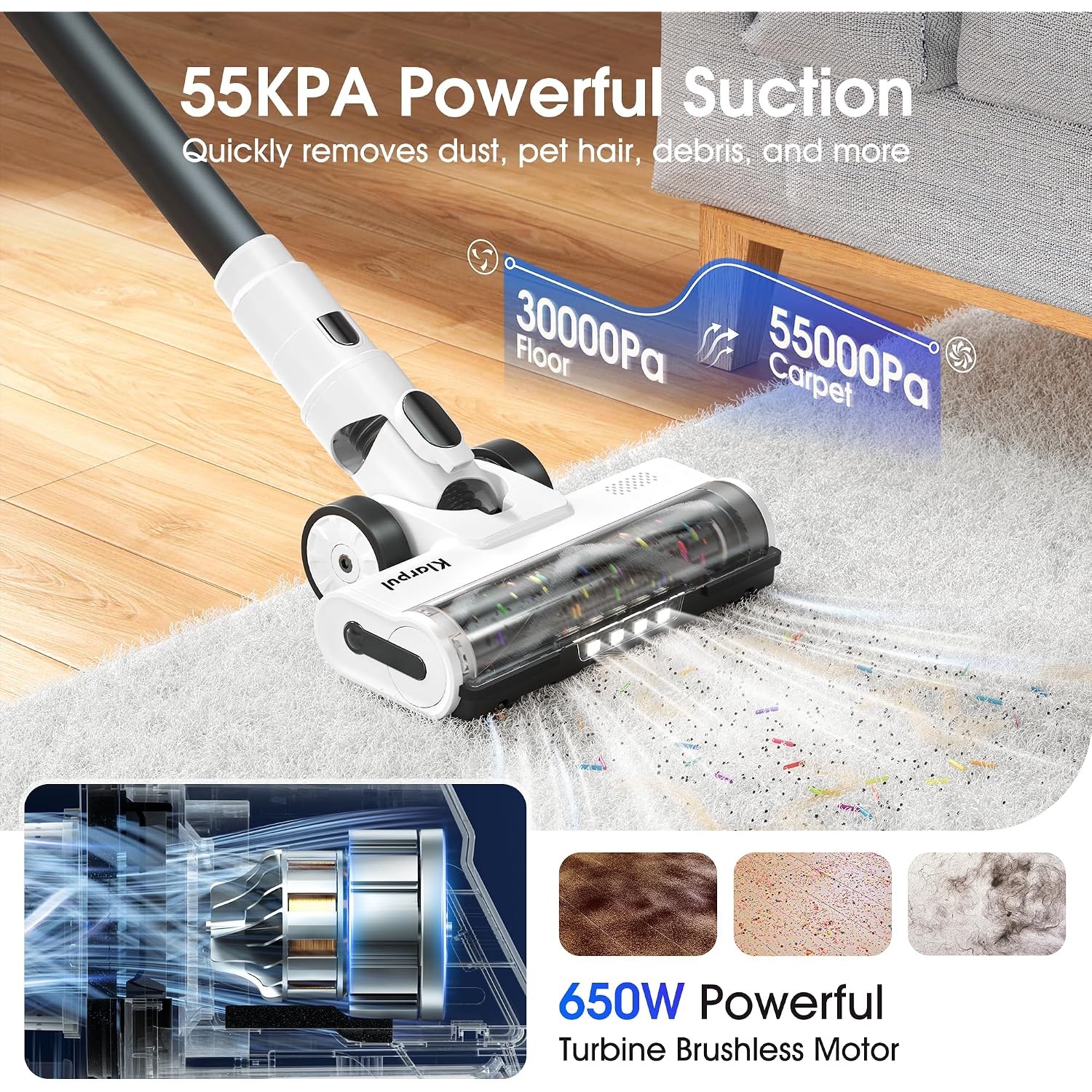 Cordless Vacuum Cleaner, Upgraded 650W 55Kpa 70Mins Runtime Stick Vacuum Cordless, Self-Standing Lightweight Vacuum Cleaners For Home With Led Headlight Touch Screen, For Pet Hair/Carpet/Floor