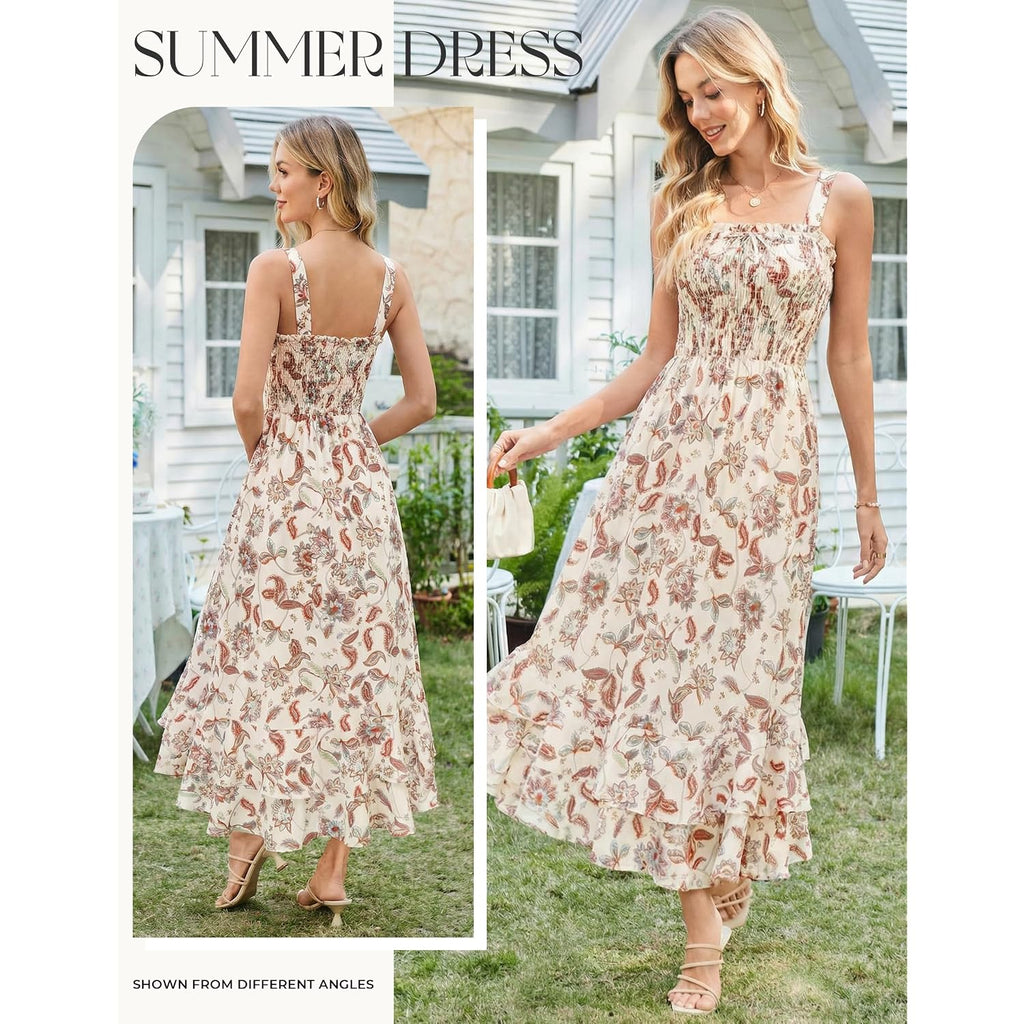 Grace Karin Women'S 2026 Summer Floral Boho Dress Square Neck Strapped Swing A Line Sundress Beach Long Maxi Outfits