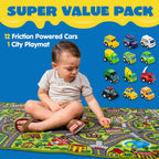 JOYIN Kids Play Rugs - 12 Pull-Back Vehicle Set - Durable Carpet Playmat Rug - City Pretending Play - Toddler Car Track Rug