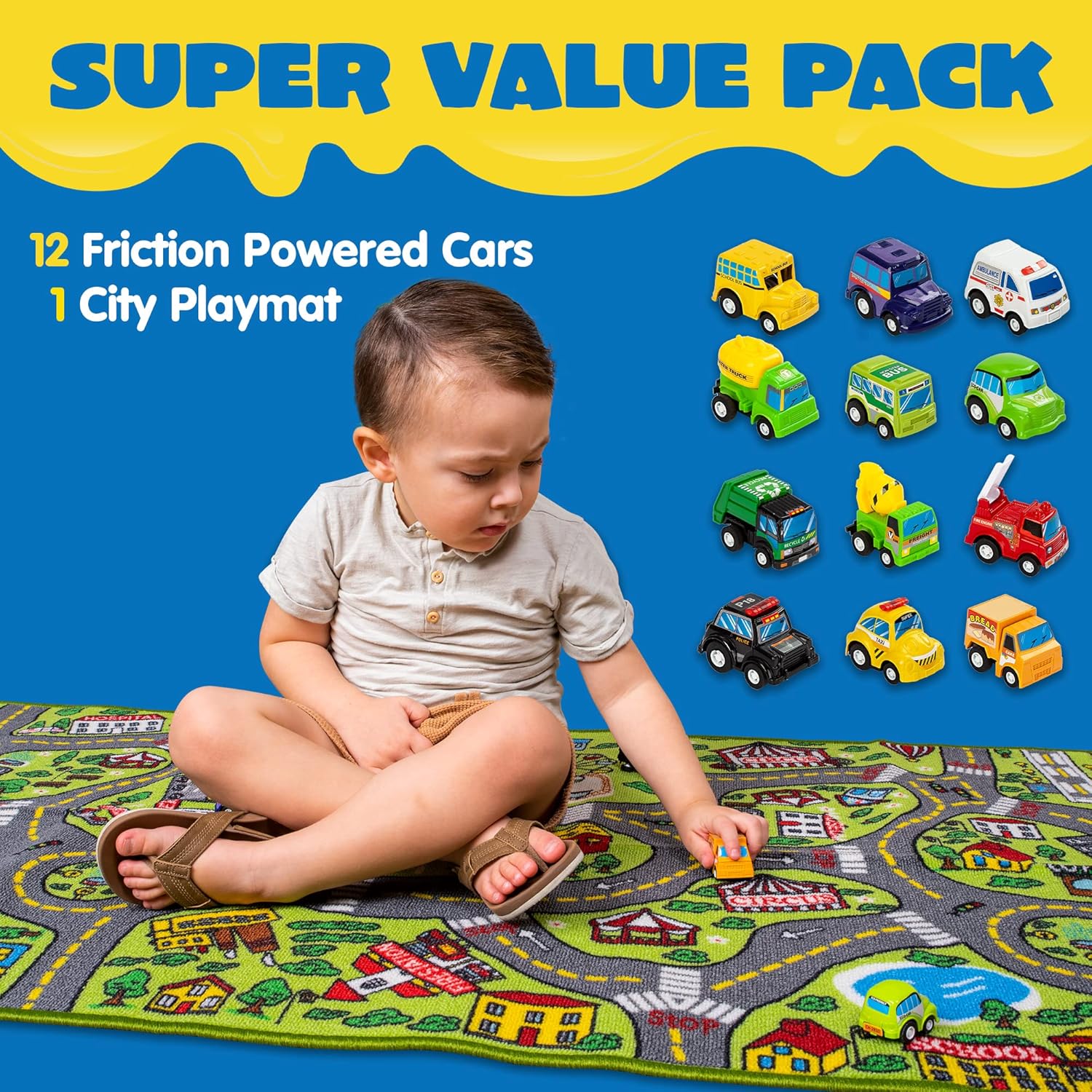 JOYIN Kids Play Rugs - 12 Pull-Back Vehicle Set - Durable Carpet Playmat Rug - City Pretending Play - Toddler Car Track Rug