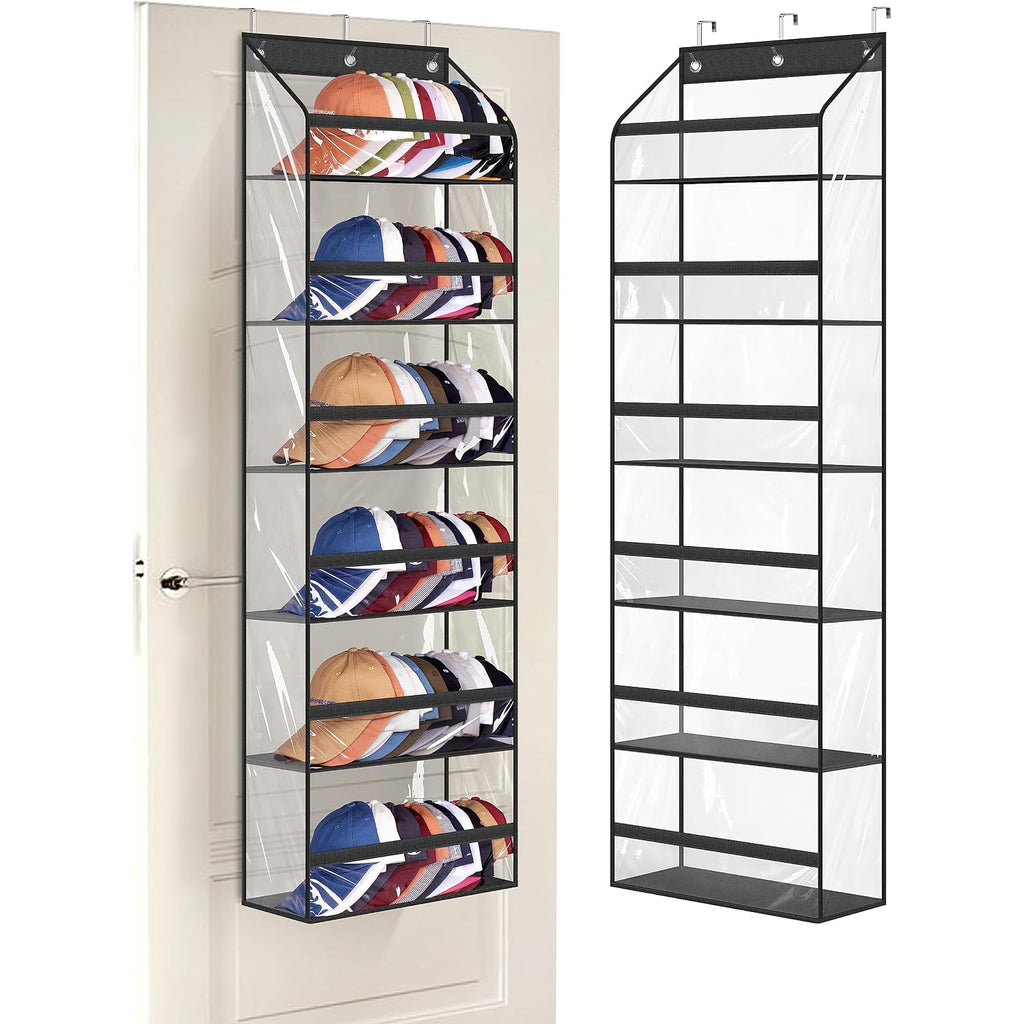 Clear Over The Door Hat Racks For Baseball Caps, Large Holds Up To 72 Caps Hat Storage Organizer For Closet Wall, Deep Pockets Hanging Hat Holder With 3 Hooks, Black