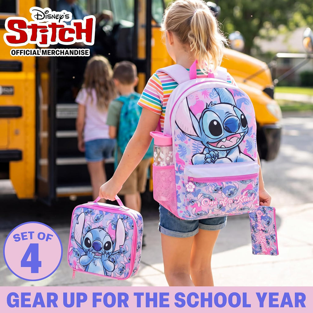 Get Trend Disney Stitch Kids Backpack 4 Piece Set | 18 Inch Bookbag, Insulated Lunch Bag, Zipped Pencil Case & Bpa-Free Water Bottle For School & Travel, Gifts For Girls