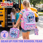 Get Trend Disney Stitch Kids Backpack 4 Piece Set | 18 Inch Bookbag, Insulated Lunch Bag, Zipped Pencil Case & Bpa-Free Water Bottle For School & Travel, Gifts For Girls