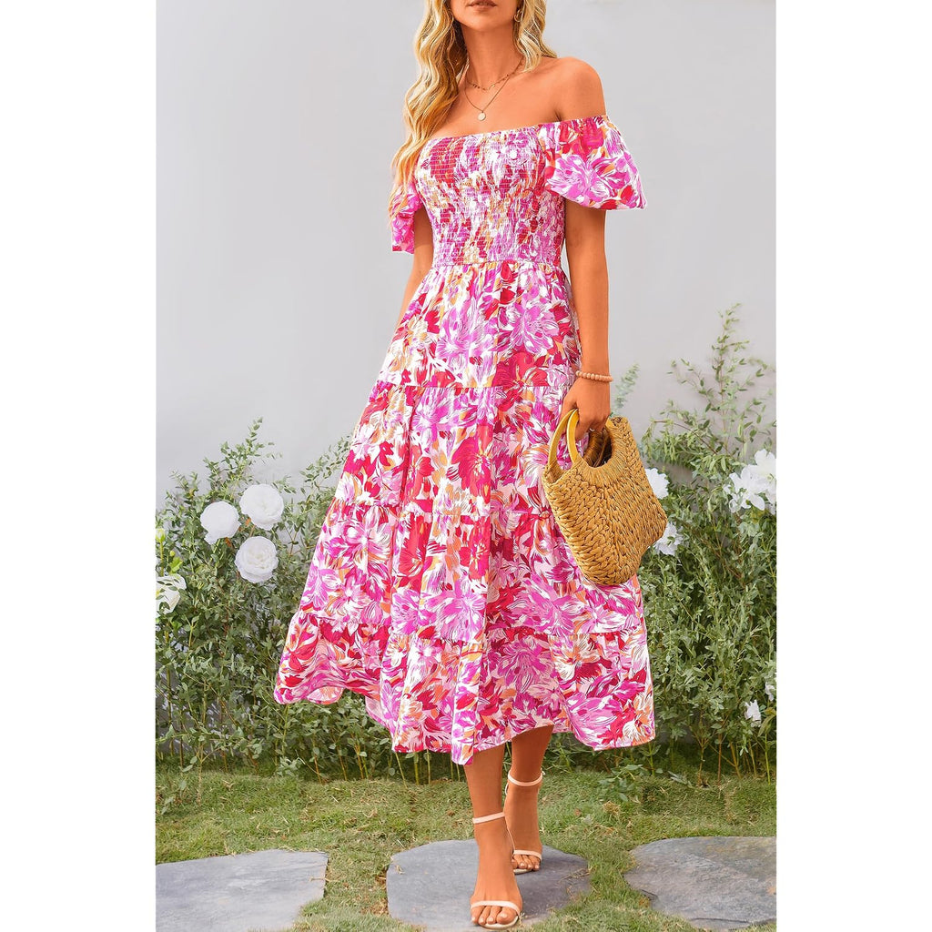 Prettygarden Women'S Casual Summer Midi Dress Puffy Short Sleeve Square Neck Smocked Tiered Ruffle Dresses