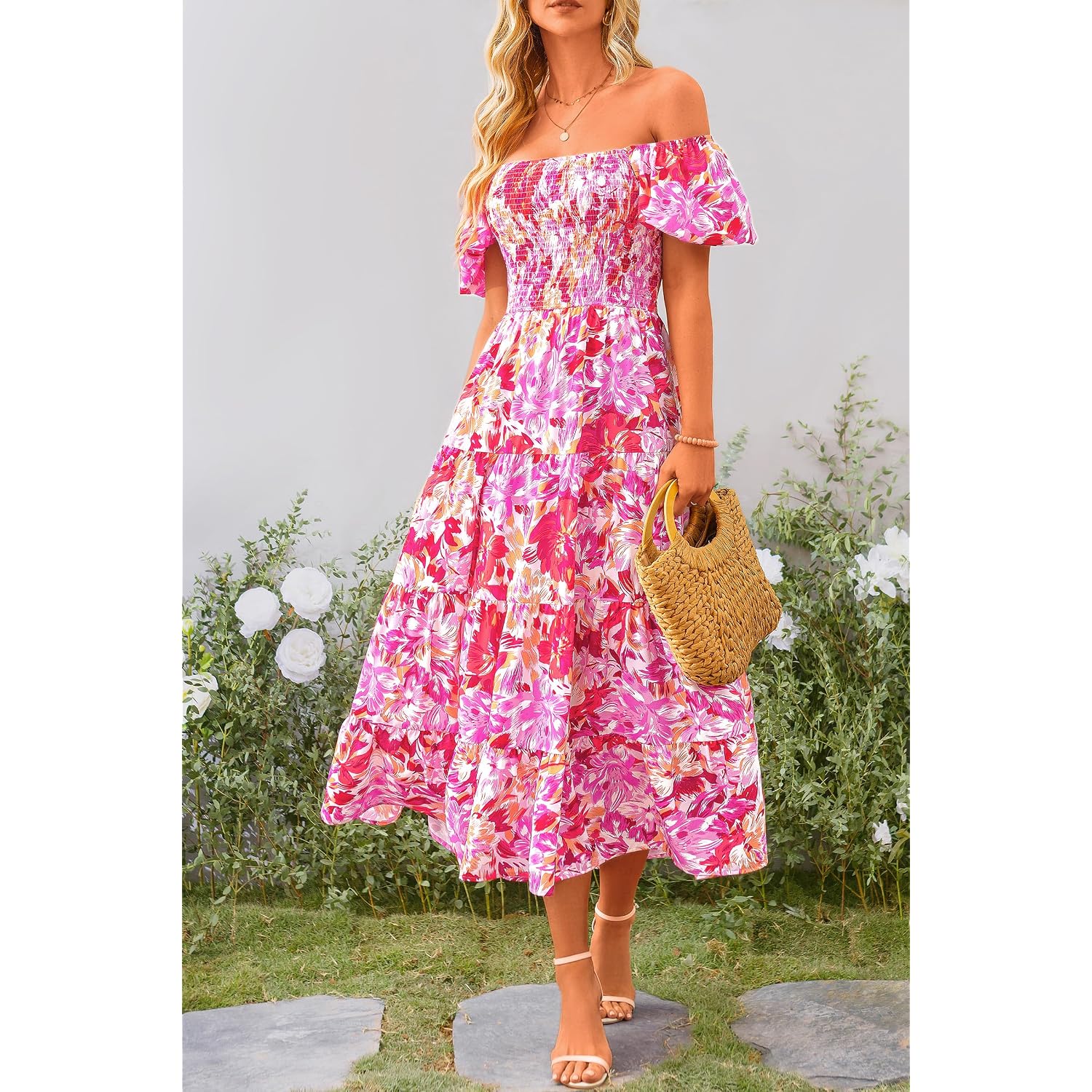 Prettygarden Women'S Casual Summer Midi Dress Puffy Short Sleeve Square Neck Smocked Tiered Ruffle Dresses