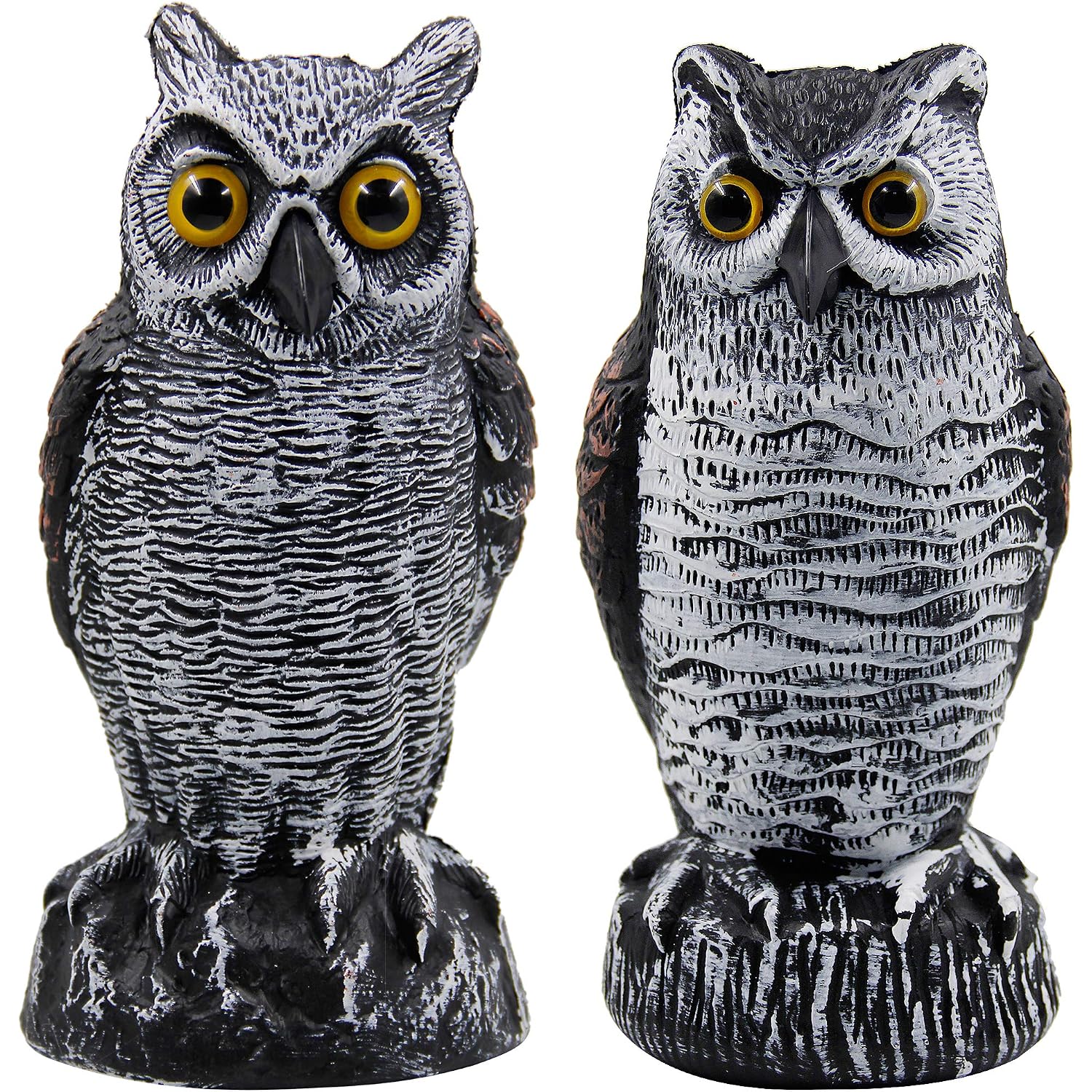 2 Pack Fake Horned Owl Bird Scarecrow Decoy 10.5 Inch Height, Plastic Deterrents, Halloween Decoration, Nature Enemy Pest Repellent For Outdoor Garden Yard