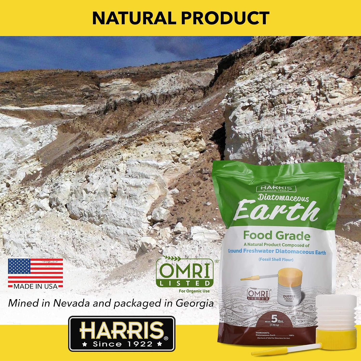 Harris Diatomaceous Earth Food Grade, 5Lb With Powder Duster Included In The Bag, Omri Listed Approved For Organic Use