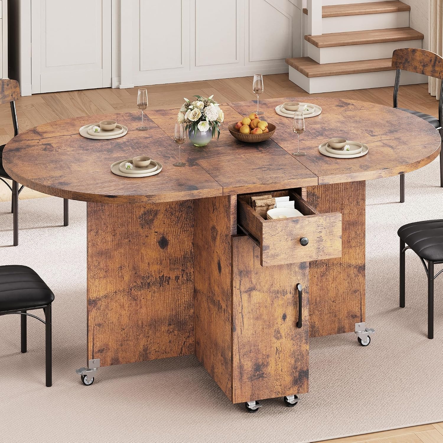 Jocoevol Round Folding Dining Table For 4, Space Saving Drop Leaf Kitchen Table With Storage Drawer, 6 Wheels Oval Gateleg Foldable Dining Table For Small Spaces(Vintage 47 * 23.6 * 30)